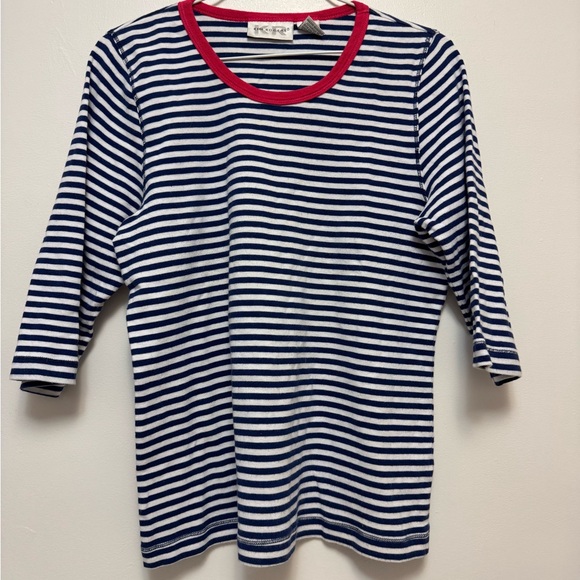 Kim Rogers Tops - Kim Rogers Navy and White Striped Tee with Red Trim